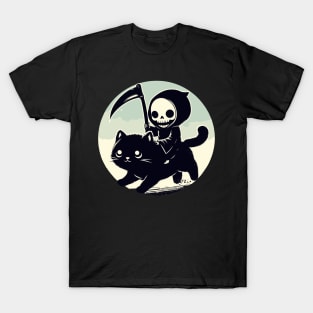 Kawaii Grim Reaper Riding on Black Cat T-Shirt